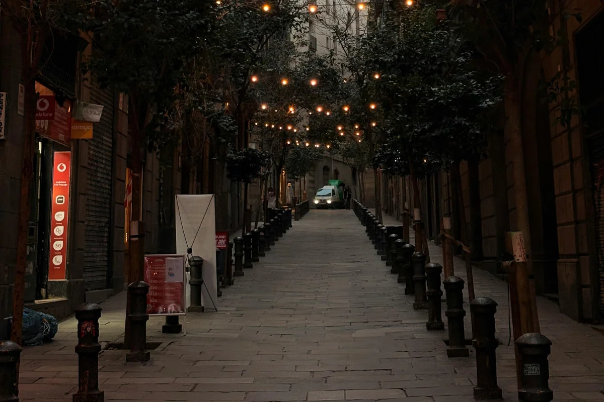 Calle del Raval de Barcelona con restaurantes de cocinas del mundo y gente paseando de noche