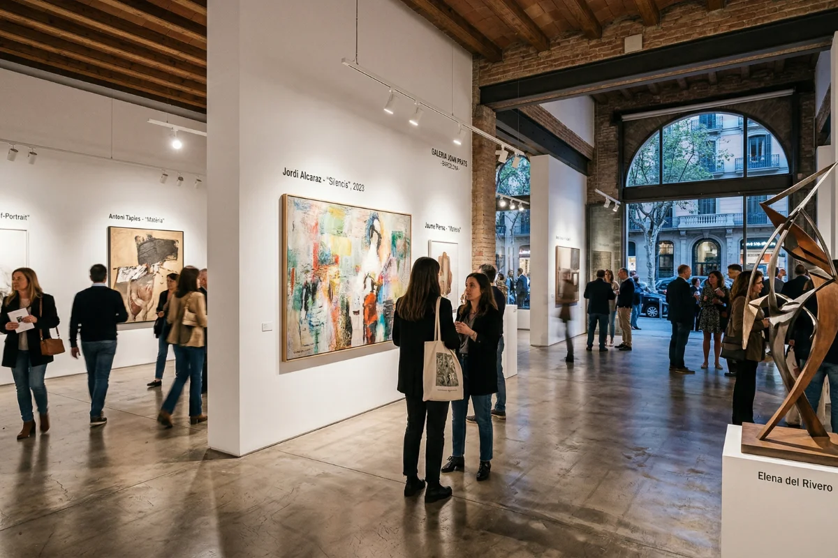 Interior de galería de arte contemporáneo en Barcelona con visitantes observando pinturas en sala blanca